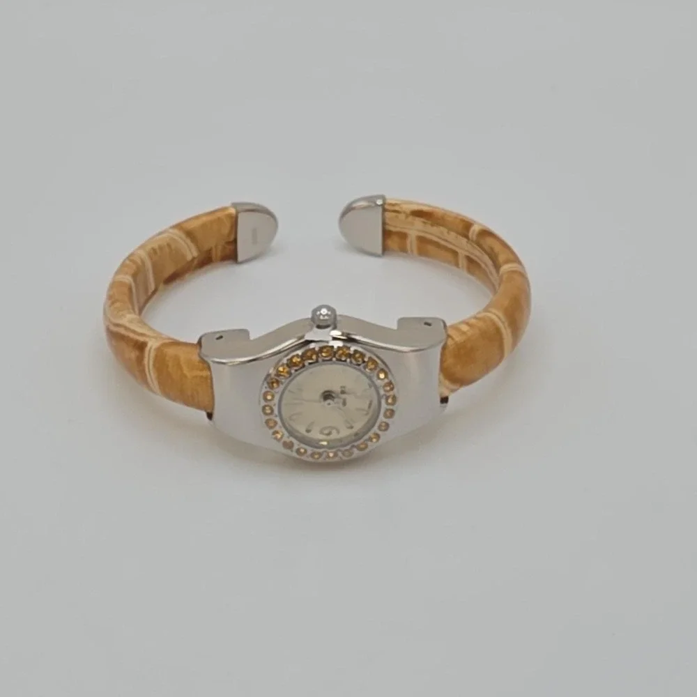 New! AVON Women's Cuff Watch Amber Orange Gemmed Silver Tone New‎ Battery